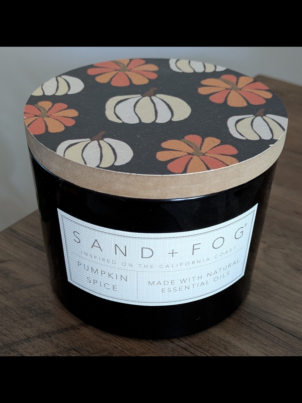 Pumpkin Spice Scented Candle - Black with Autumn Print Lid